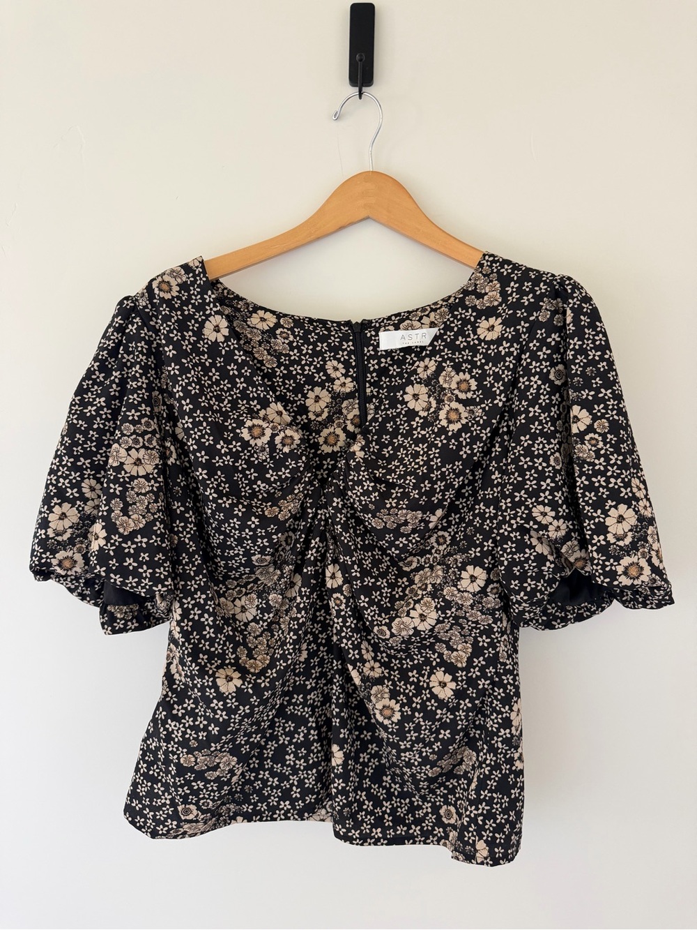 Astr Black Floral Puff Sleeve Blouse with Cream Blossoms